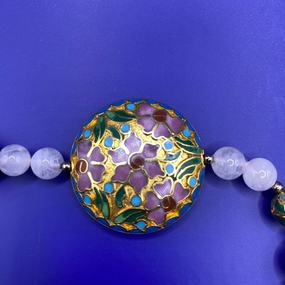 Vintage Snow-White Quartz & Cloisonne Beads Necklace Long - Picture 3 of 7